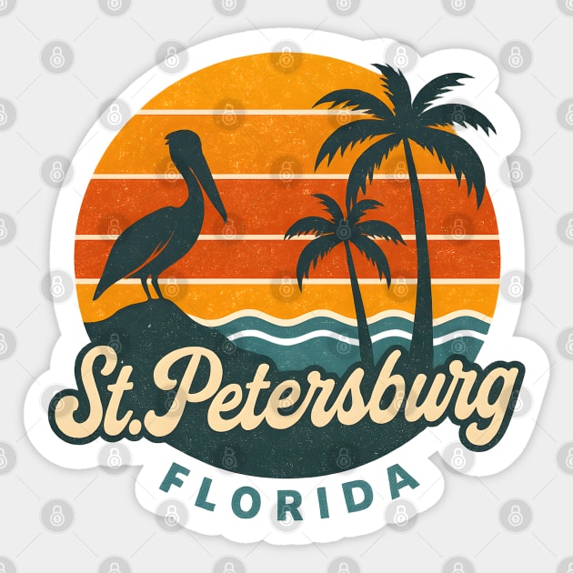 Vintage St Petersburg Florida Design with Palm Trees Pelican and Sunset Beach Vibes Sticker by WarFX Designs